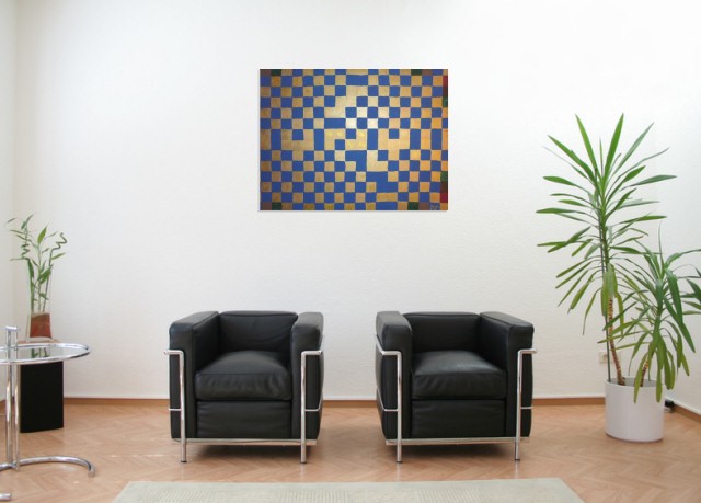 Karo in Blau & Gold  - Yvonne Schmied (Room setting (c)fotolia.de, (c)artfolio.de)